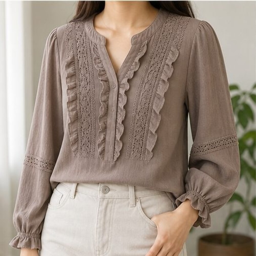 Taupe Ruffle Blouse - Picture 2 of 6
